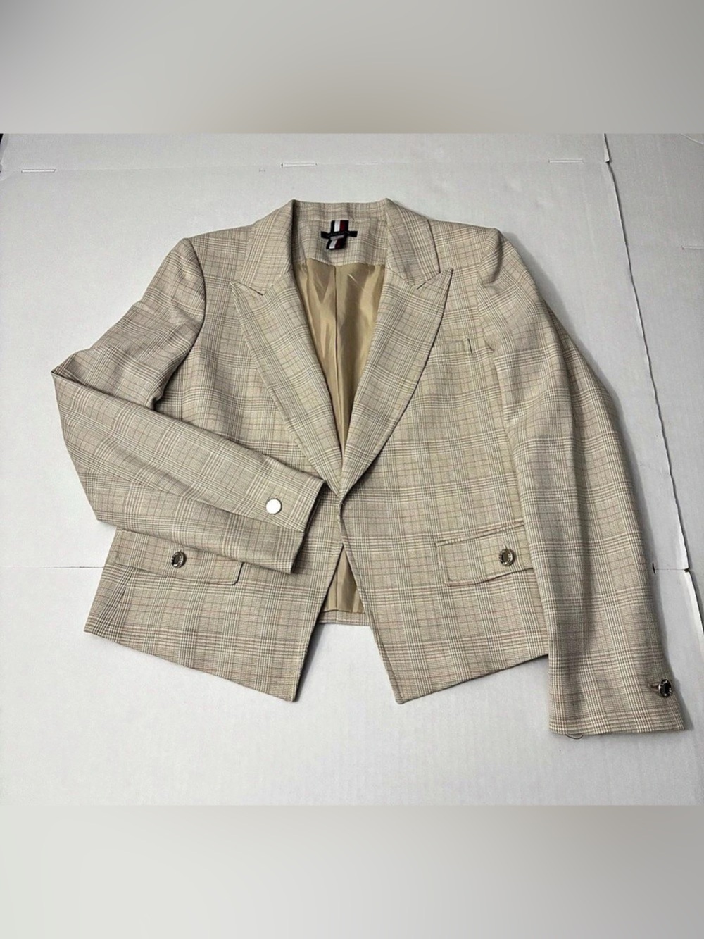 Tommy Hilfiger open front Plaid Blazer in Beige Size 12